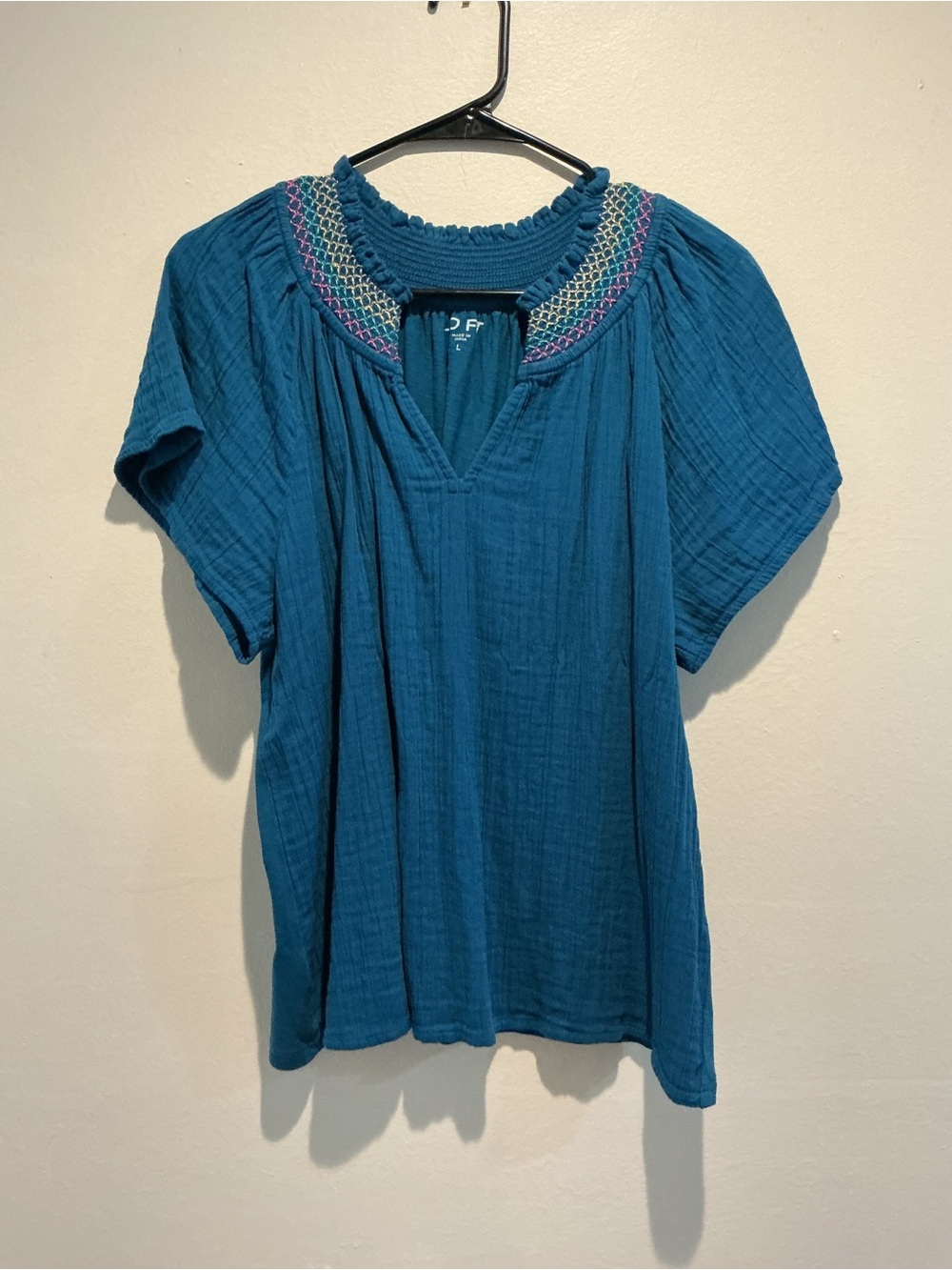 LOFT Teal Gauze Embroidered Smocked Neck Blouse Short Sleeve Large